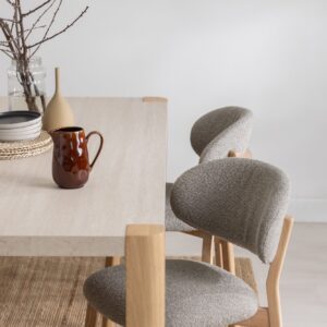Leo Dining Chair (Pair) – Grey fabric & wooden legs, solid oak with whitewash finish. Rustic charm meets modern comfort for any dining space.