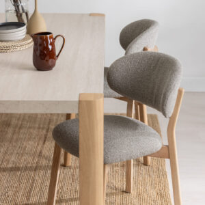 Leo Dining Chair (Pair) – Grey fabric & wooden legs, solid oak with whitewash finish. Rustic charm meets modern comfort for any dining space.