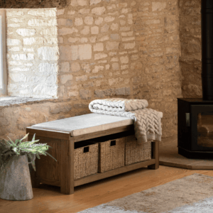 Hardwick Hall Bench: Stylish oak seating with padded seat & 3 wicker baskets. Perfect for hallways, mudrooms, and living rooms.