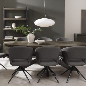 Bring warmth and style to your dining room with the Ellipse Fumed Oak 8 Seater Table – handcrafted oak top with bold metal base, perfect for 6 diners.