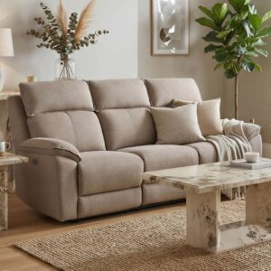 Blaine 3 Seater Electric Recliner in Latte – modern comfort with smooth electric reclining, soft fabric, and built-in USB & USB-C ports.