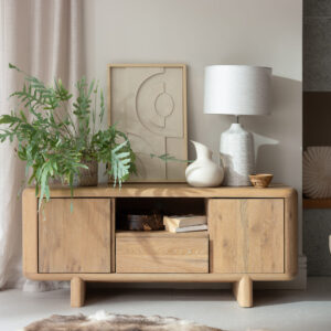 Baker Flynn TV Unit – MDF with White Oak veneer, soft whitewash finish. Rustic-modern design, H55×W130×D40 cm, perfect for stylish, versatile living rooms.