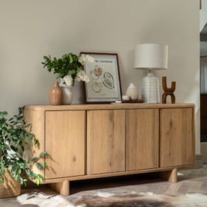 Baker Furniture Flynn Wide Sideboard – MDF with White Oak veneer, soft whitewash finish, rustic charm meets contemporary design for any interior.