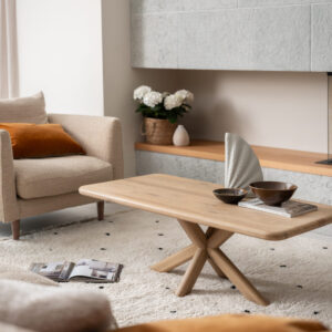 Baker Flynn Flynn Coffee Table in solid white oak with whitewash finish. Rustic yet modern design, showcasing natural wood grain for a timeless, airy look