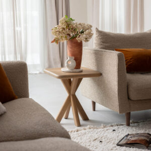 Baker Furniture Flynn Lamp Table in solid white oak. Whitewashed finish, H50xW45xD45cm, blends rustic charm with modern style for any room.