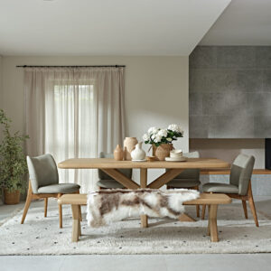 Flynn 200cm Dining Table by Baker Furniture – rustic yet modern, durable solid oak with whitewash finish, perfect for casual or formal dining.