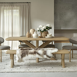 Baker Furniture Flynn 220cm Bench – solid oak, whitewash finish, rustic charm meets modern style. Pairs perfectly with Noah, Leo & Spencer chairs