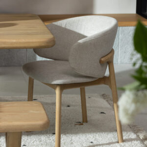 Noah Arm Chair by Baker Furniture – grey fabric, wooden legs, H81×W55×D54.5cm. Perfect with Flynn Dining Range; rustic charm meets contemporary style